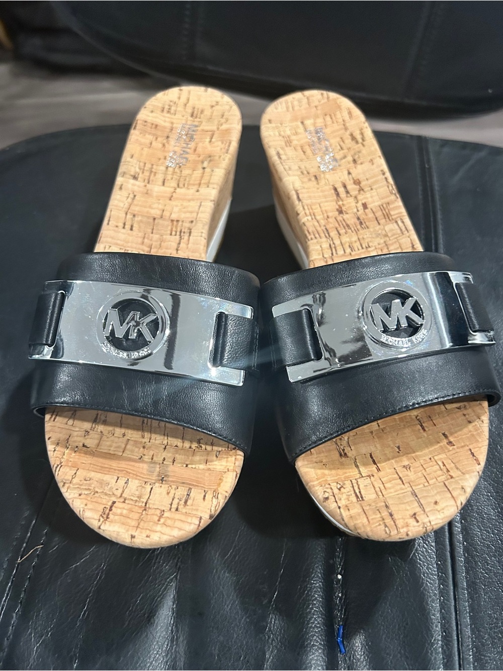 Michael Kors Black Leather Slide Sandals with Silver MK Emblem NWOT